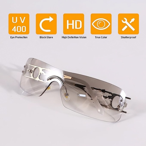 Silver Tint Rimless Y2k Sunglasses Women Metal Rectangle Vintage Glasses Fashion - Picture 5 of 6